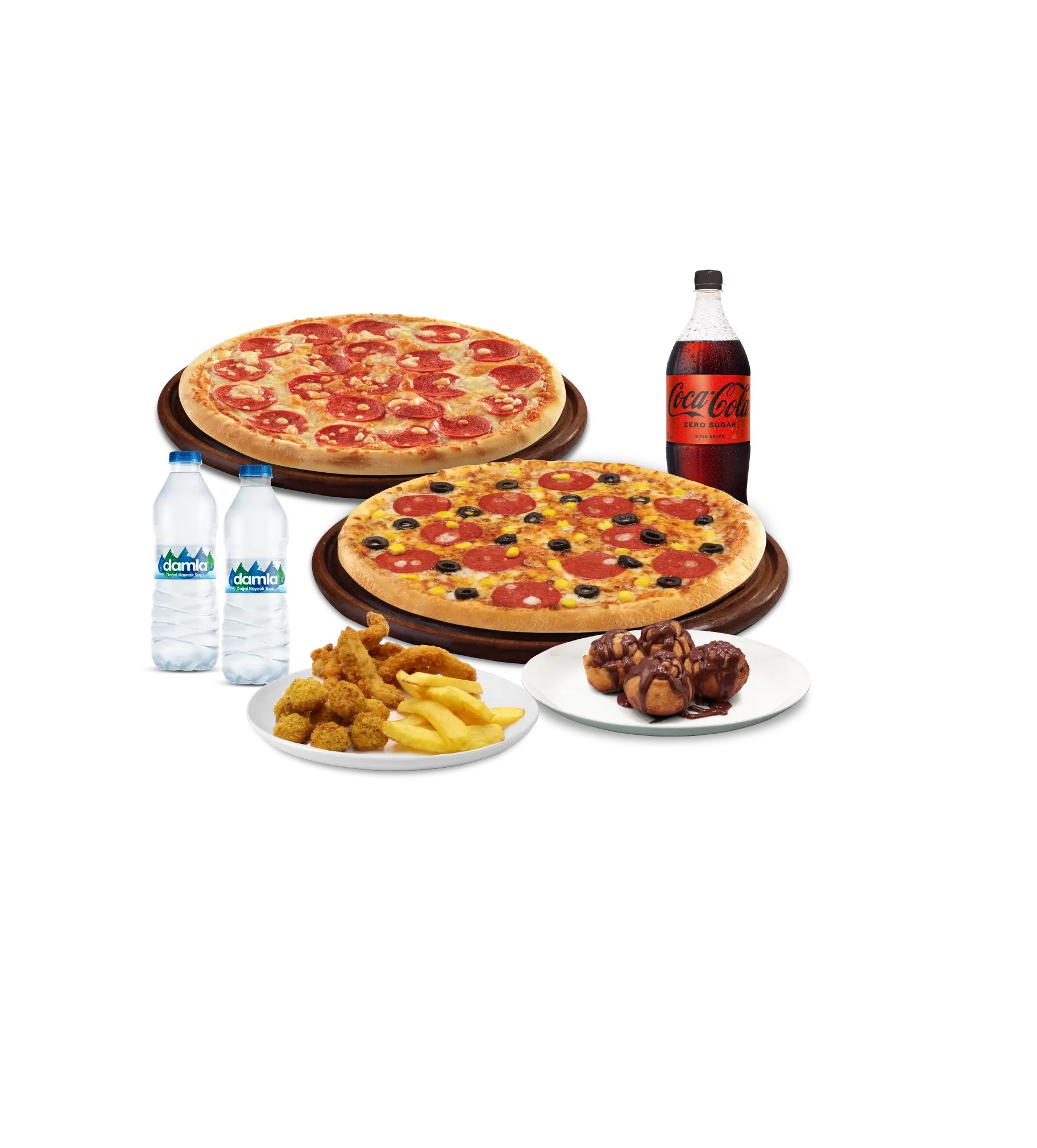 2 Orta Boy Pizza + Tavuk ve Patates Mix + Cinnamon Roll + Coca-Cola 1 L + 2 Adet Su Kampanyası
