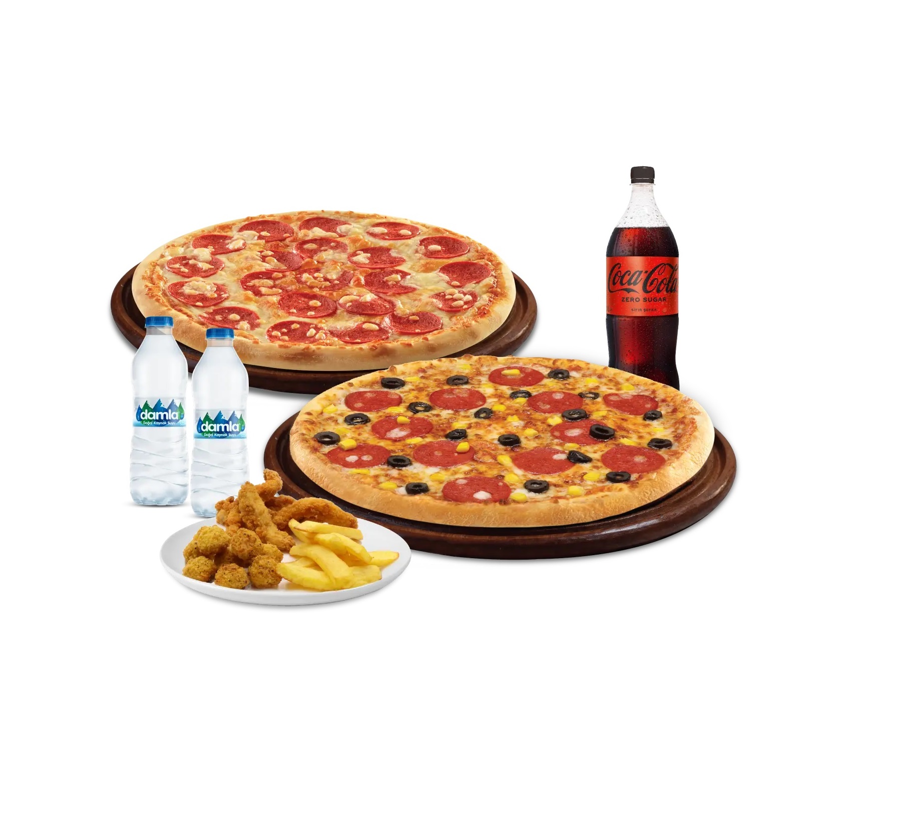 2 Büyük Boy Pizza + Tavuk &amp;amp;amp;amp; Patates Mix + Coca-Cola 1 L + 2 Adet Su Kampanyası