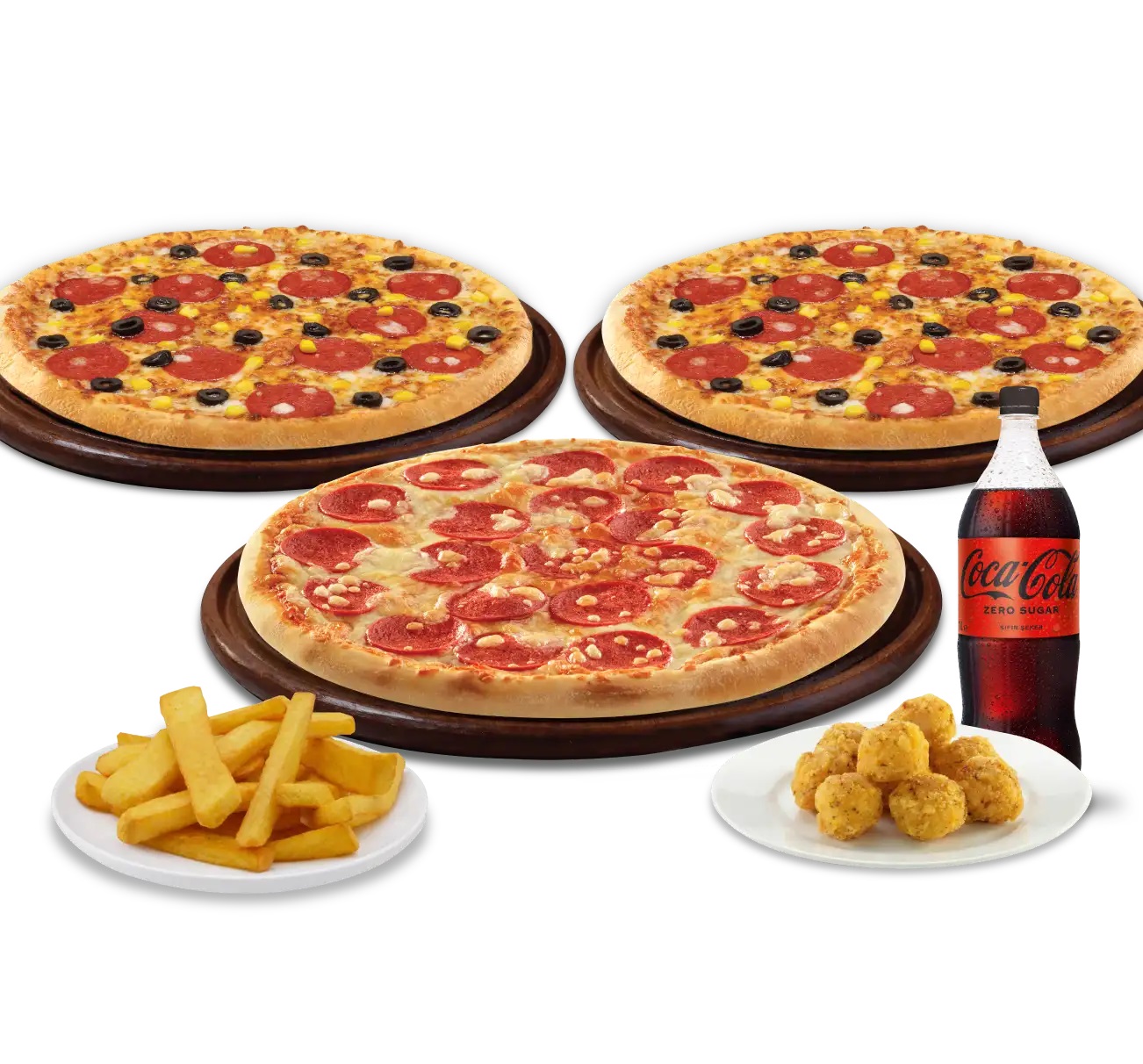 3 Orta Boy Pizza Tavuk + Patates + Cocola 1 litre